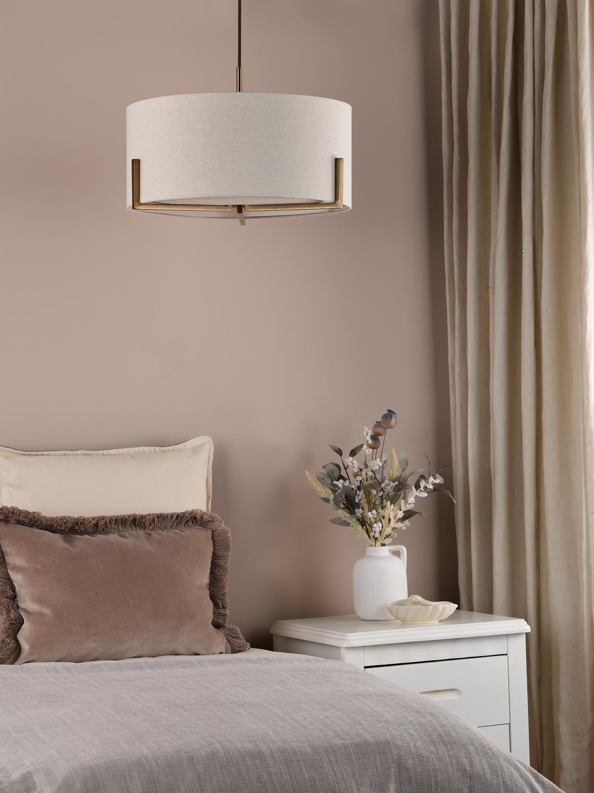 Dar Santino 3 Light Pendant Antique Bronze and Natural With Natural Linen Shade