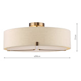 Dar Santino 3 Light Semi-Flush Antique Bronze and Natural With Natural Linen Shade