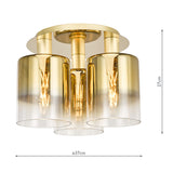 Dar Savannah 3 Light Flush Satin Gold and Gold Ombre Glass