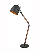 Modern adjustable floor lamp with black metal shade and wooden arm on round base