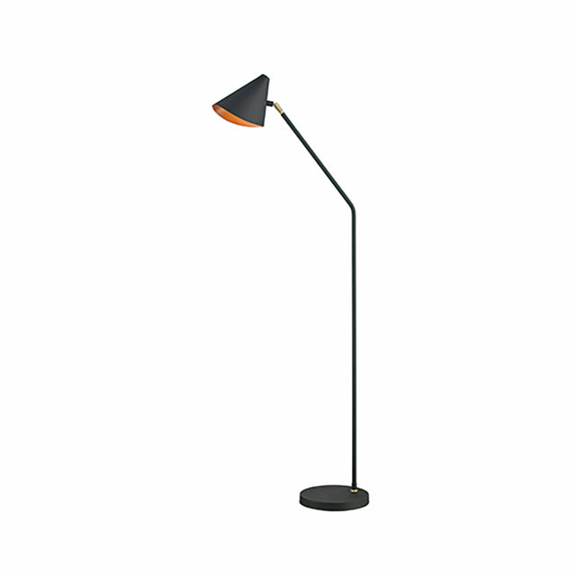Modern black metal floor lamp with angled conical shade and round base