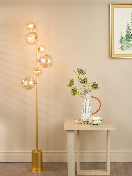 Dar Spiral 6 Light Floor Lamp Matt Gold and Amber Glass