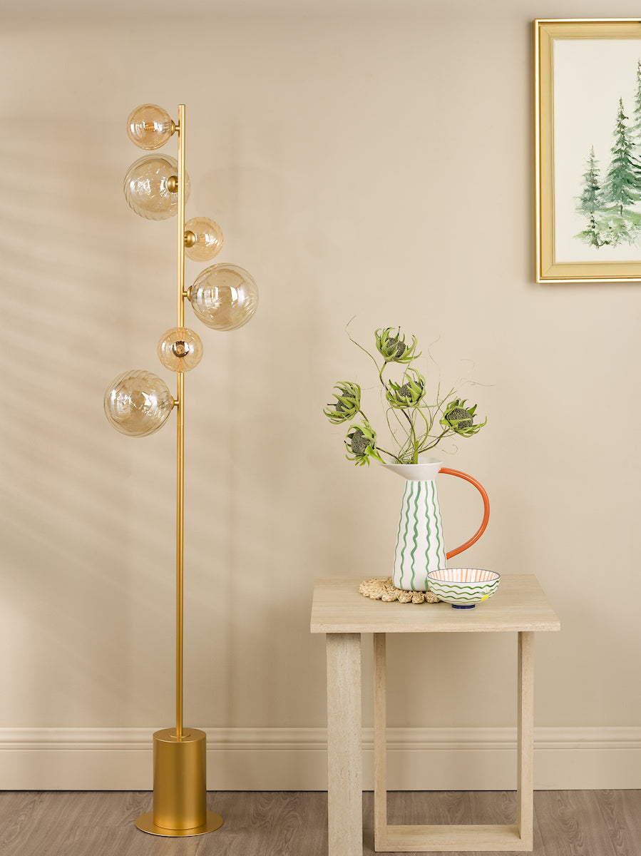 Dar Spiral 6 Light Floor Lamp Matt Gold and Amber Glass