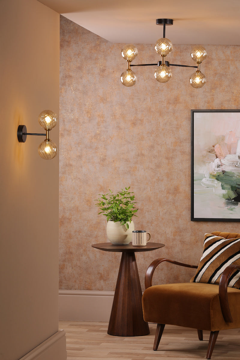 Dar Takara 6 Light Semi-Flush Matt Black and Bronze With Twisted Amber Glass