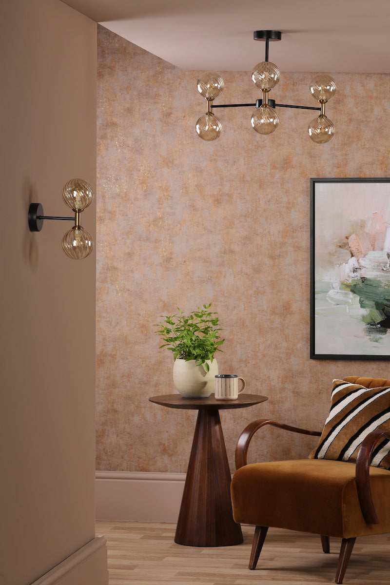 Dar Takara 6 Light Semi-Flush Matt Black and Bronze With Twisted Amber Glass