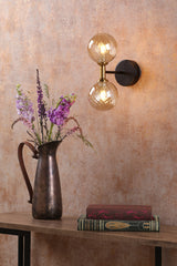 Dar Takara 2 Light Wall Light Matt Black and Bronze With Twisted Amber Glass