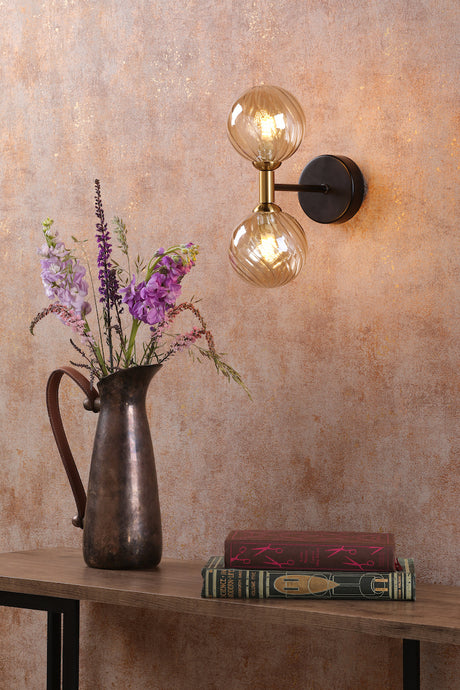 Dar Takara 2 Light Wall Light Matt Black and Bronze With Twisted Amber Glass