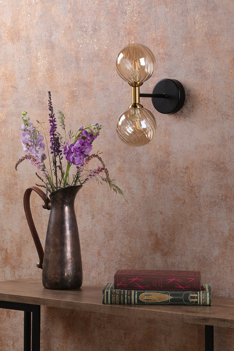 Dar Takara 2 Light Wall Light Matt Black and Bronze With Twisted Amber Glass