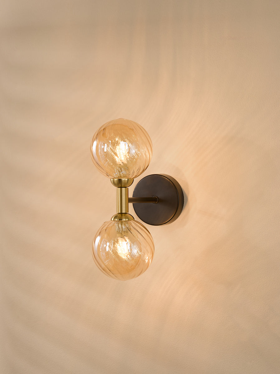 Dar Takara 2 Light Wall Light Matt Black and Bronze With Twisted Amber Glass