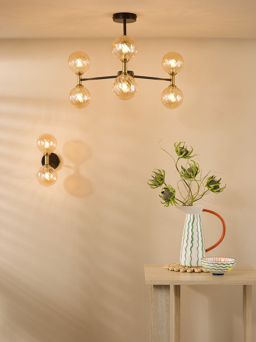 Dar Takara 2 Light Wall Light Matt Black and Bronze With Twisted Amber Glass