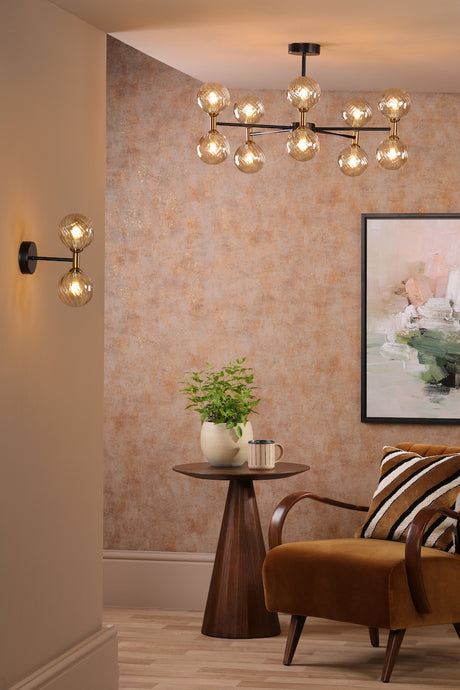 Dar Takara 10 Light Semi-Flush Matt Black and Bronze With Twisted Amber Glass
