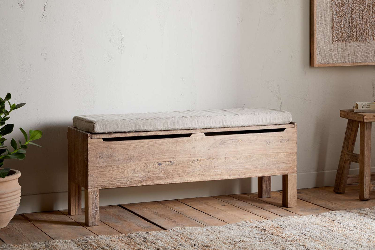 Nkuku Teni Reclaimed Wood Storage Bench with Upholstered Linen Cushion Natural