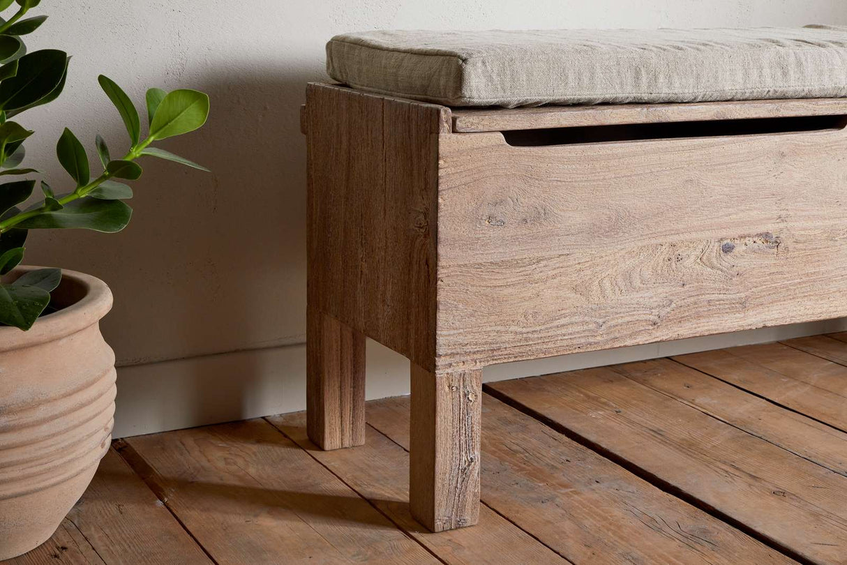 Nkuku Teni Reclaimed Wood Storage Bench with Upholstered Linen Cushion Natural