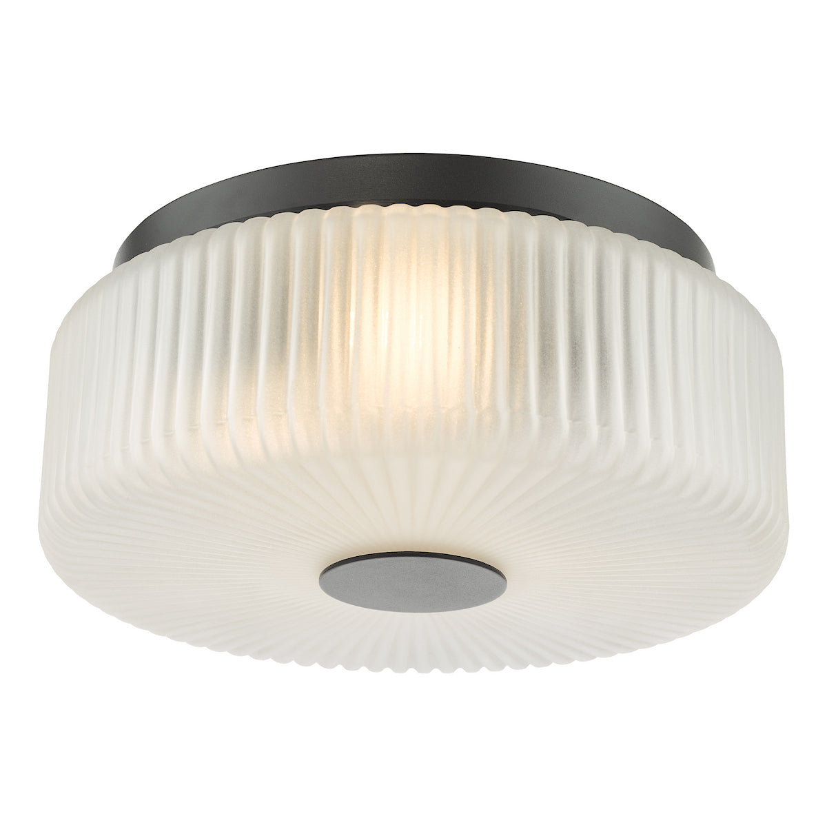 Dar Twyman 3 Light Flush Satin Black and White Ribbed Glass IP44
