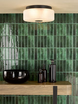 Dar Twyman 3 Light Flush Satin Black and White Ribbed Glass IP44