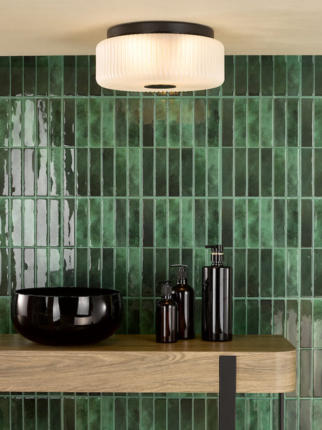 Dar Twyman 3 Light Flush Satin Black and White Ribbed Glass IP44