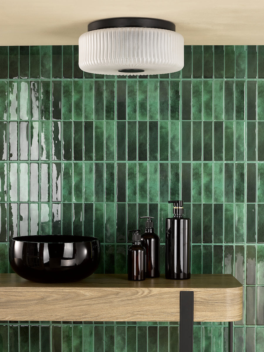 Dar Twyman 3 Light Flush Satin Black and White Ribbed Glass IP44