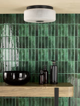 Dar Twyman 3 Light Flush Satin Black and White Ribbed Glass IP44