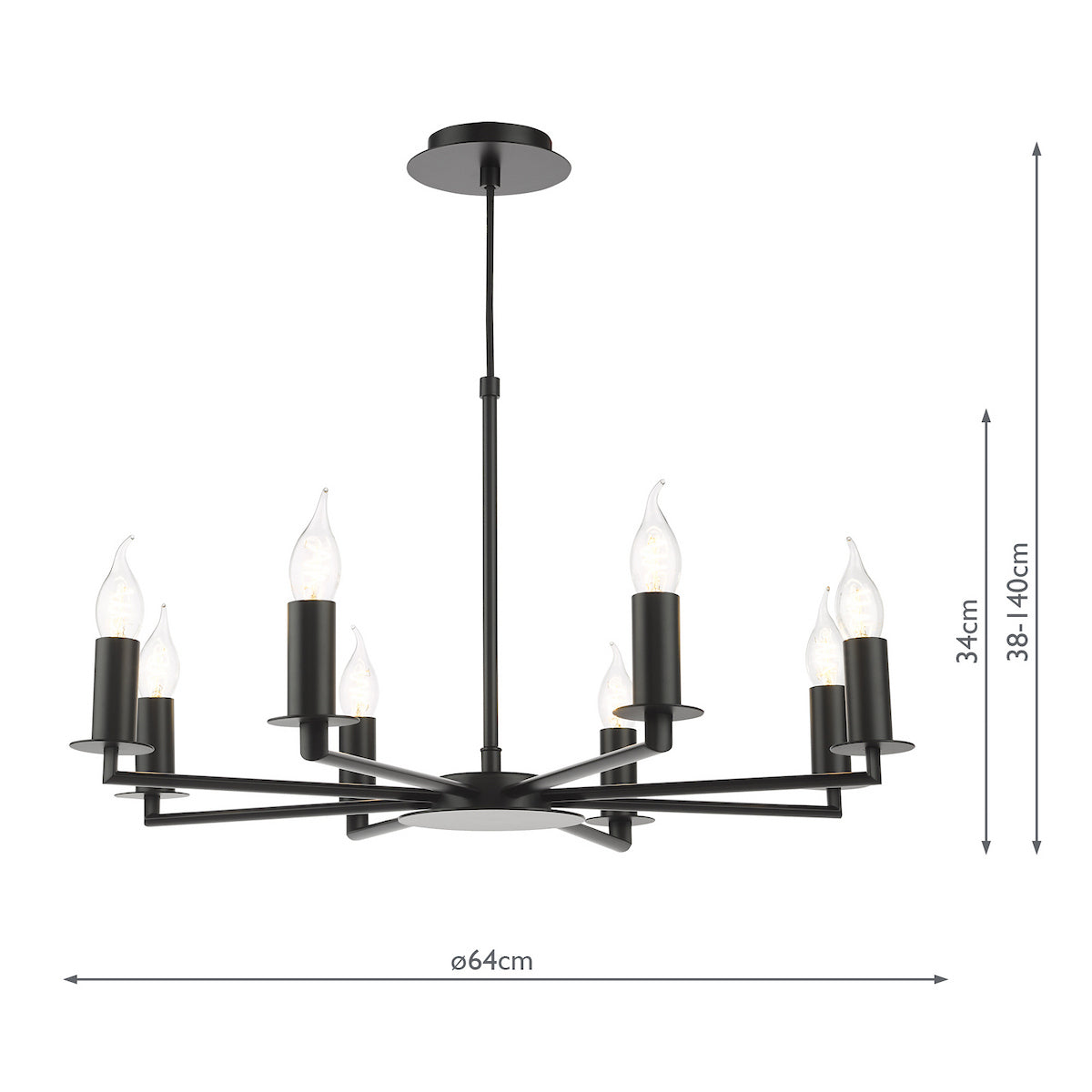 Dar Tyler 8 Light Armed Pendant Matt Black Fitting Only