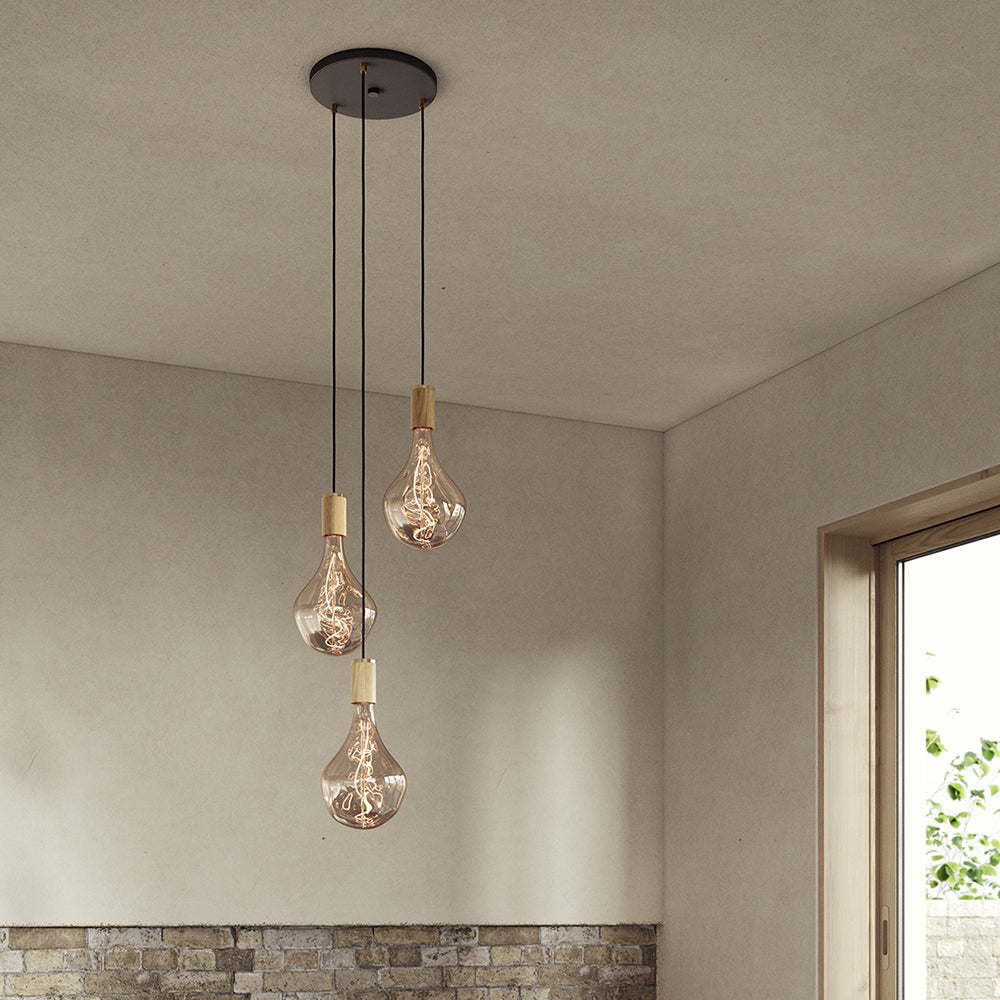 Tala Triple Pendant Walnut with Voronoi II, Black Canopy