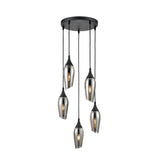 Modern black metal ceiling pendant light with five asymmetrical smoky glass shades