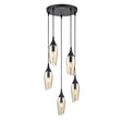 Modern black ceiling pendant light with five irregular tapered amber glass shades and exposed filament bulbs