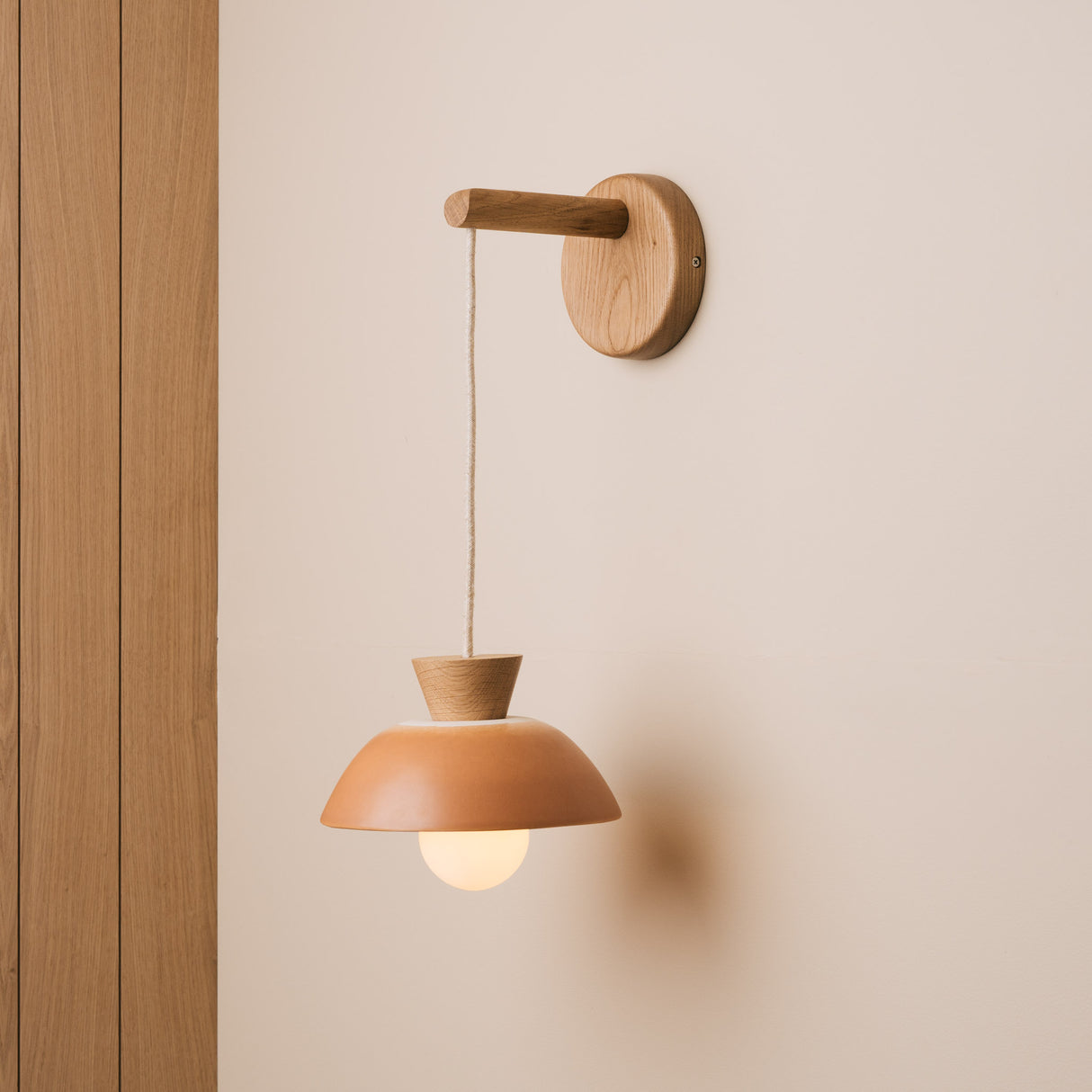 Studio Haran Small Dawn Hanging Wall Light in Ceramic and Oak