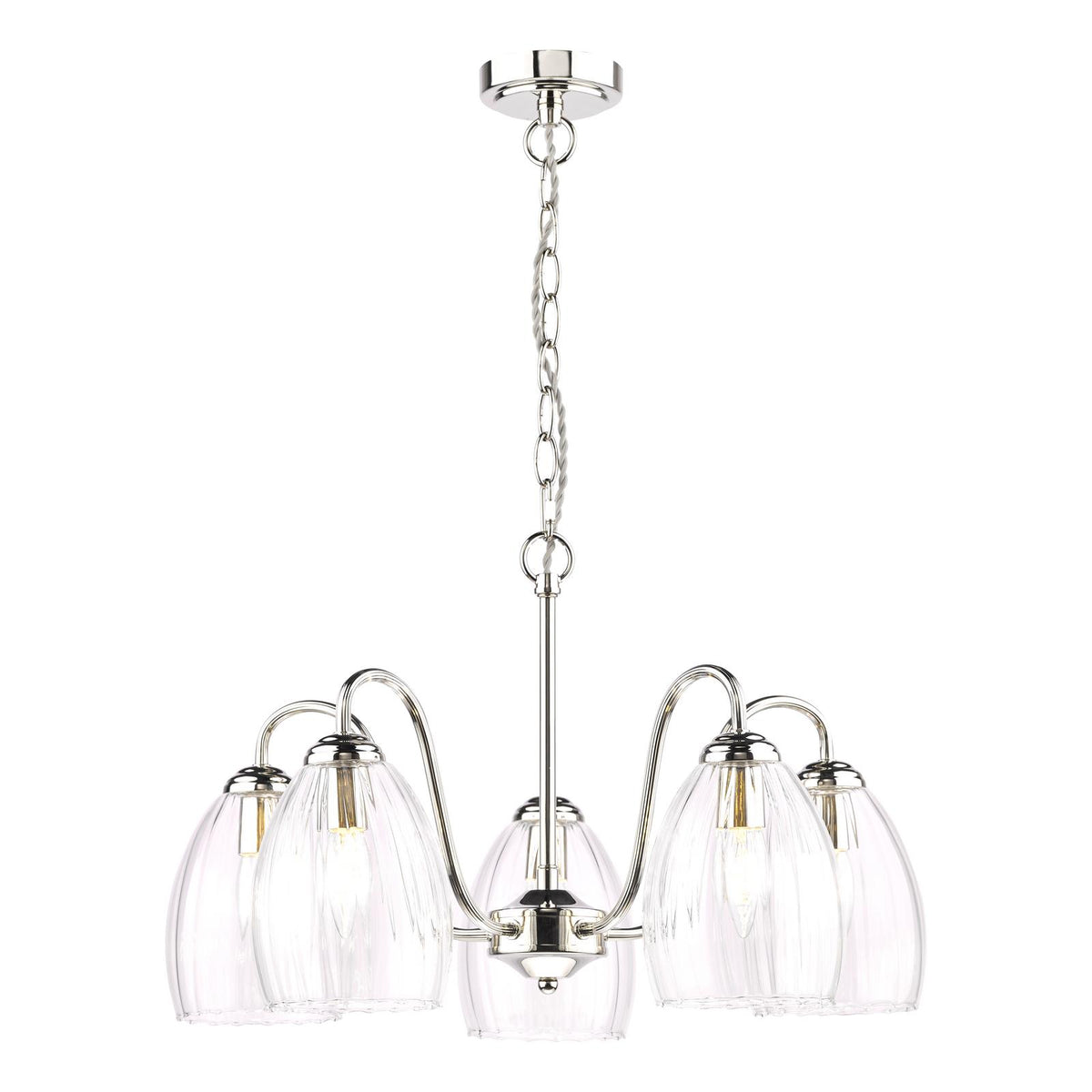 Dar Valora 5 Light Pendant Polished Nickel and Ribbed Glass