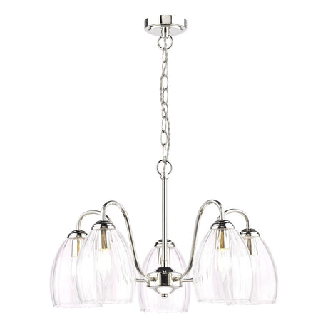 Dar Valora 5 Light Pendant Polished Nickel and Ribbed Glass