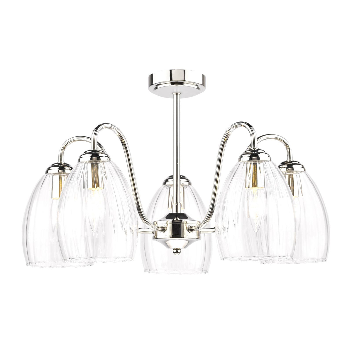 Dar Valora 5 Light Pendant Polished Nickel and Ribbed Glass