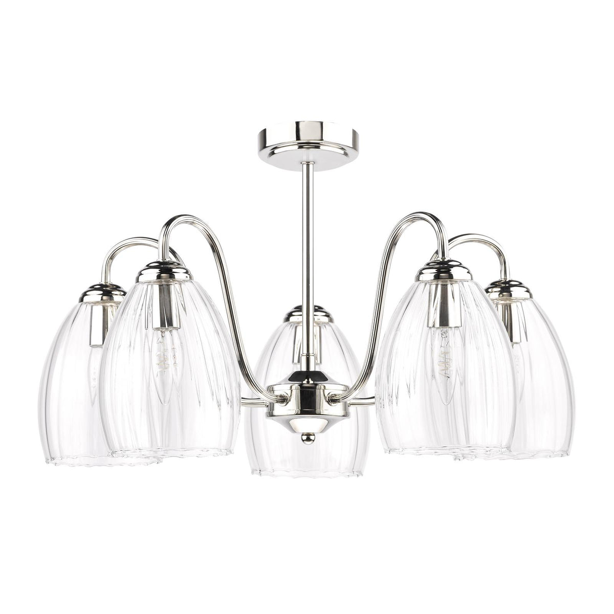Dar Valora 5 Light Pendant Polished Nickel and Ribbed Glass