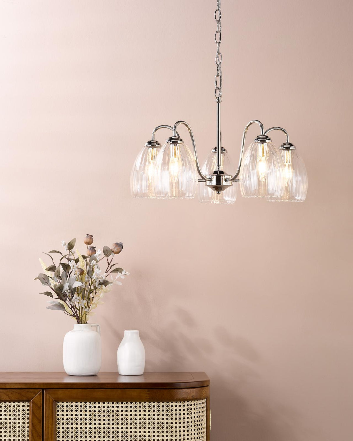Dar Valora 5 Light Pendant Polished Nickel and Ribbed Glass