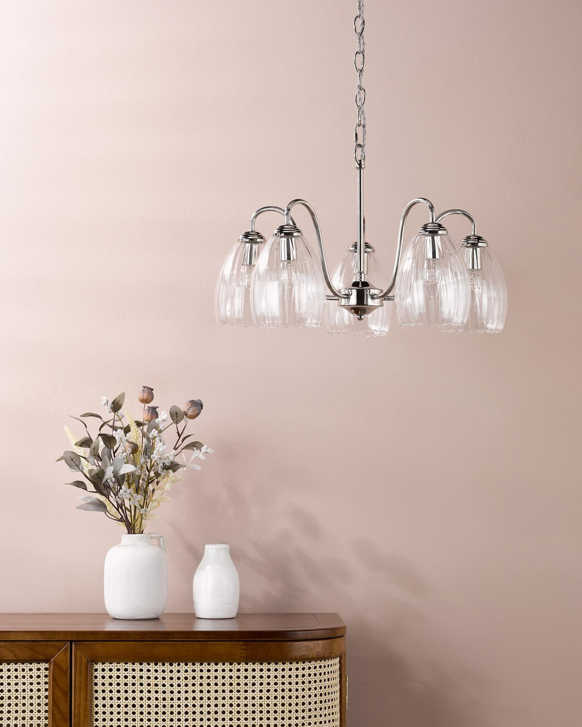 Dar Valora 5 Light Pendant Polished Nickel and Ribbed Glass