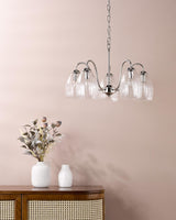 Dar Valora 5 Light Pendant Polished Nickel and Ribbed Glass
