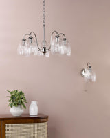 Dar Valora 5 Light Pendant Polished Nickel and Ribbed Glass