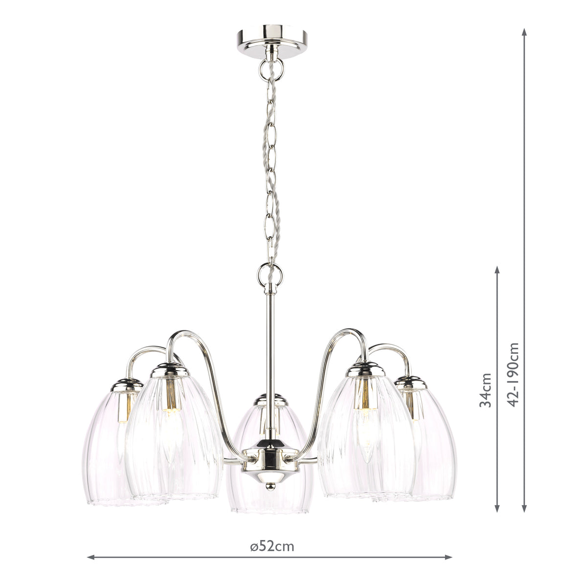Dar Valora 5 Light Pendant Polished Nickel and Ribbed Glass