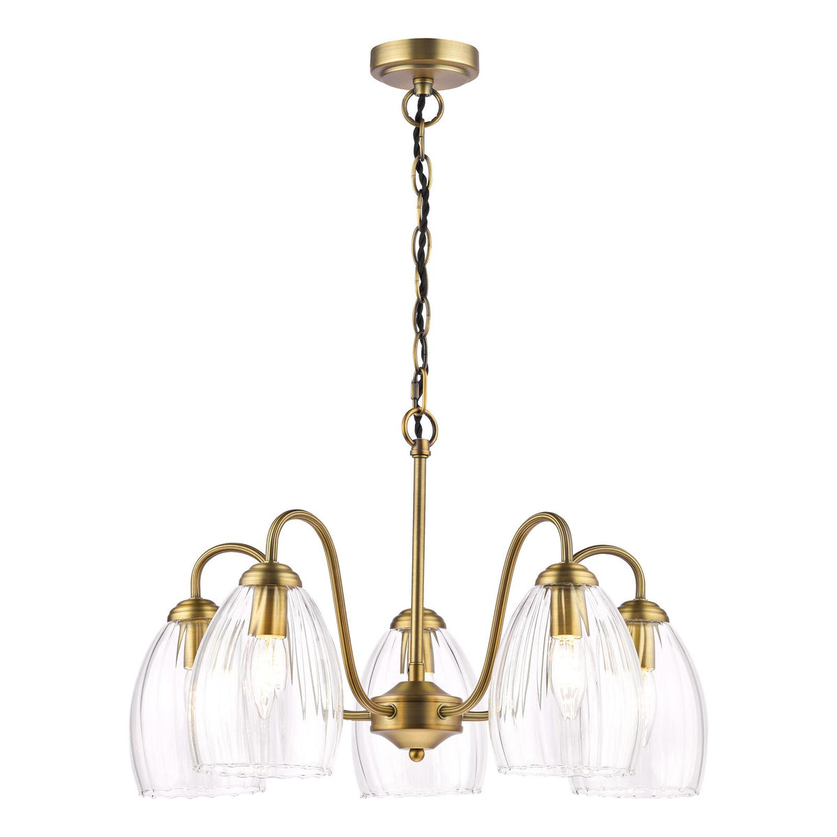 Dar Valora 5 Light Pendant Antique Bronze and Ribbed Glass