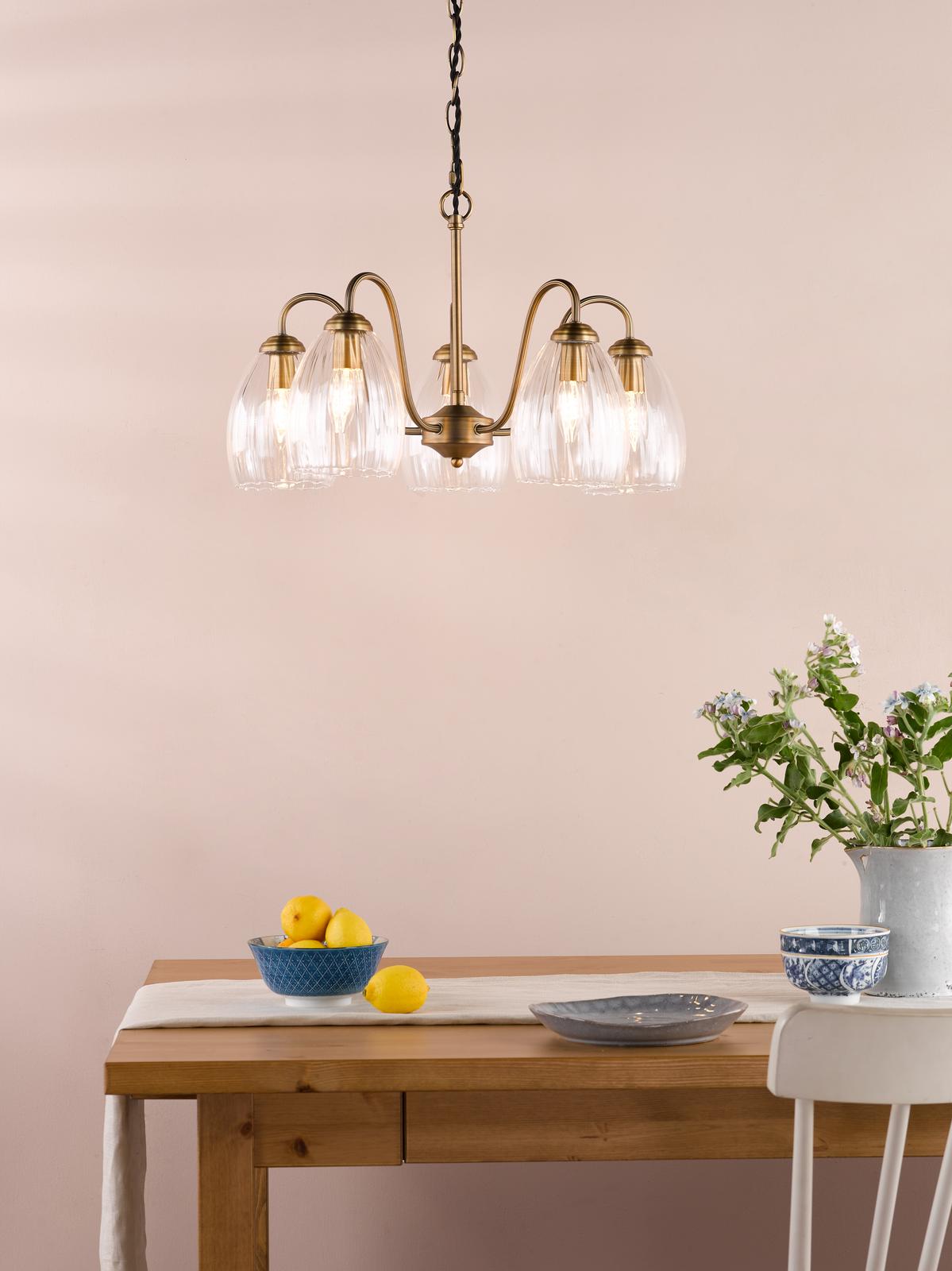 Dar Valora 5 Light Pendant Antique Bronze and Ribbed Glass