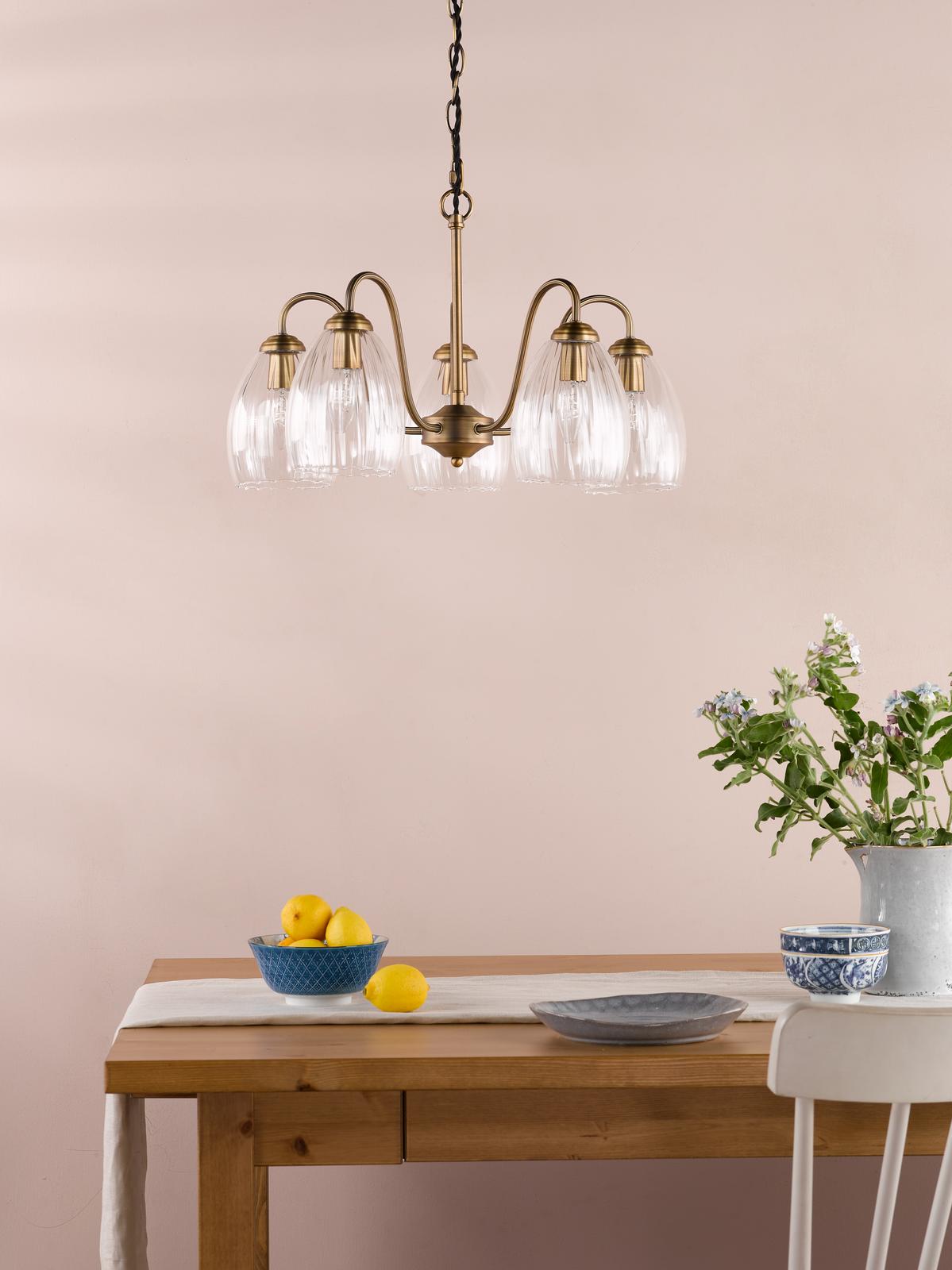 Dar Valora 5 Light Pendant Antique Bronze and Ribbed Glass