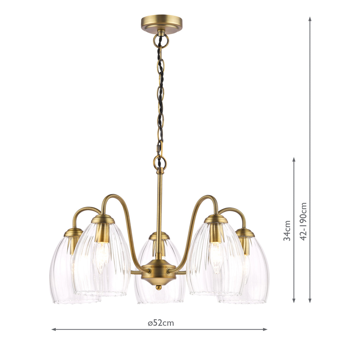 Dar Valora 5 Light Pendant Antique Bronze and Ribbed Glass