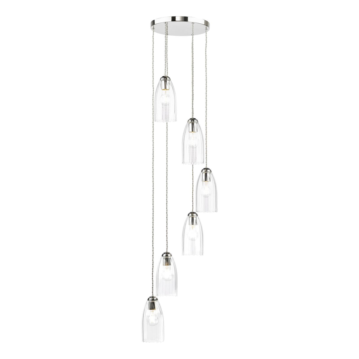 Dar Valora 6 Light Cluster Pendant Polished Nickel and Ribbed Glass
