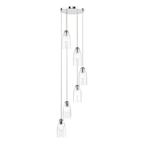 Dar Valora 6 Light Cluster Pendant Polished Nickel and Ribbed Glass