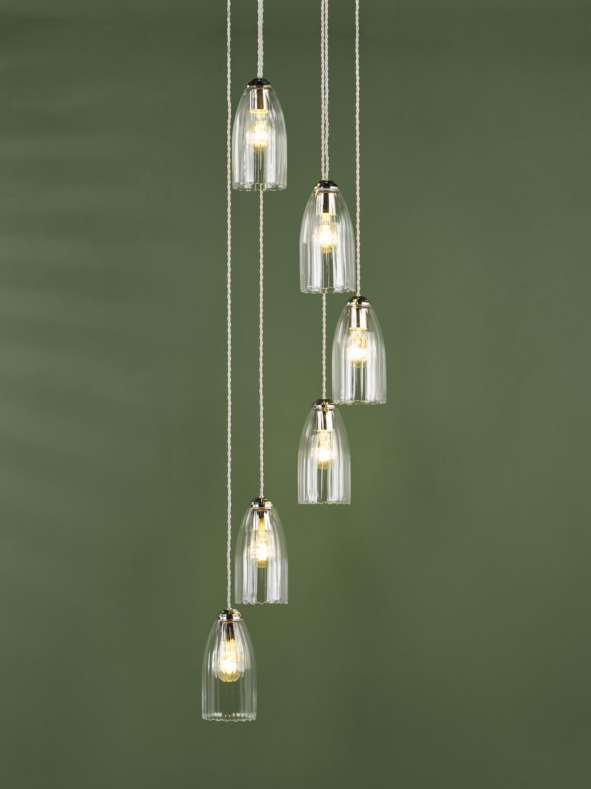 Dar Valora 6 Light Cluster Pendant Polished Nickel and Ribbed Glass