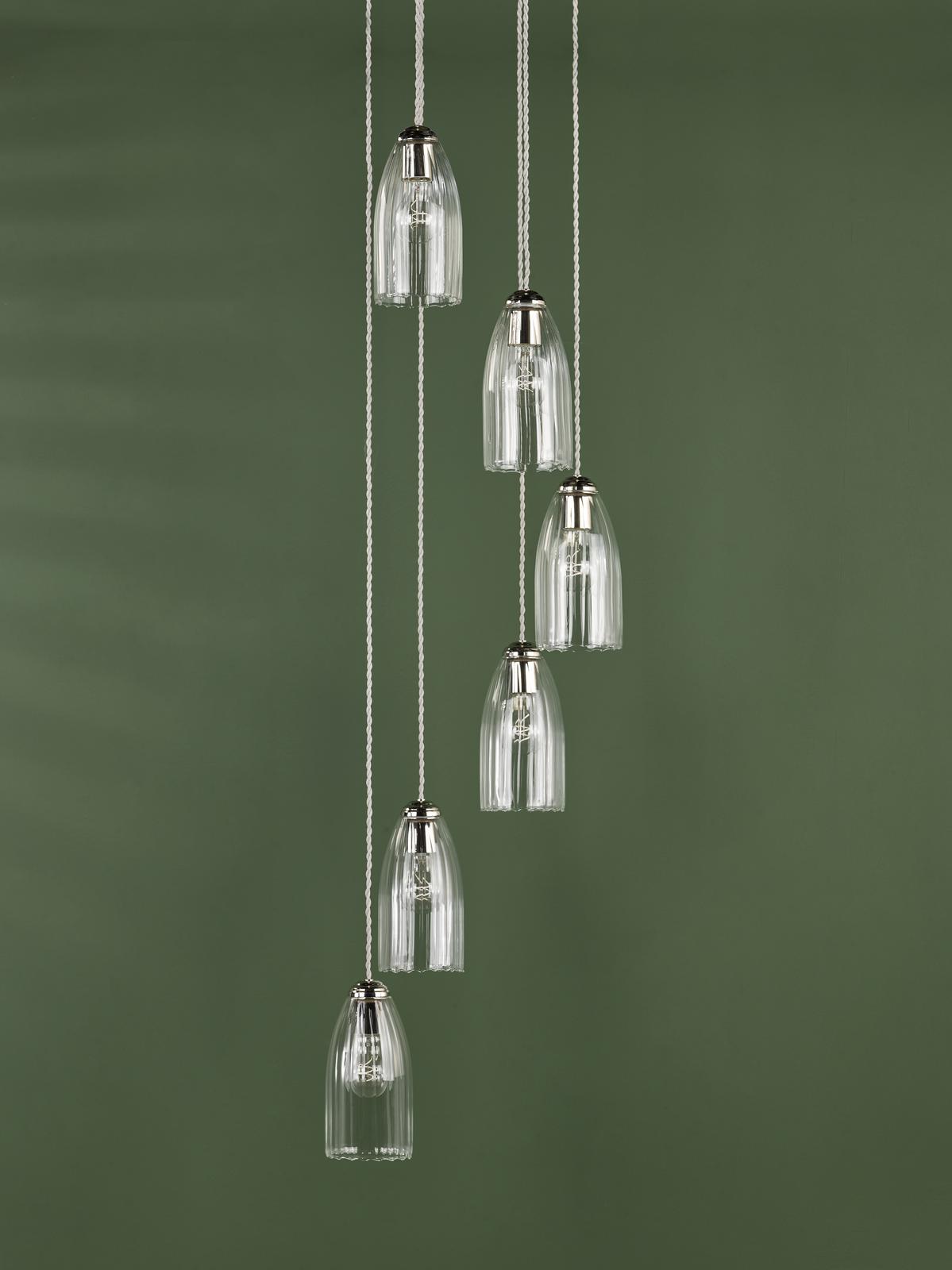 Dar Valora 6 Light Cluster Pendant Polished Nickel and Ribbed Glass