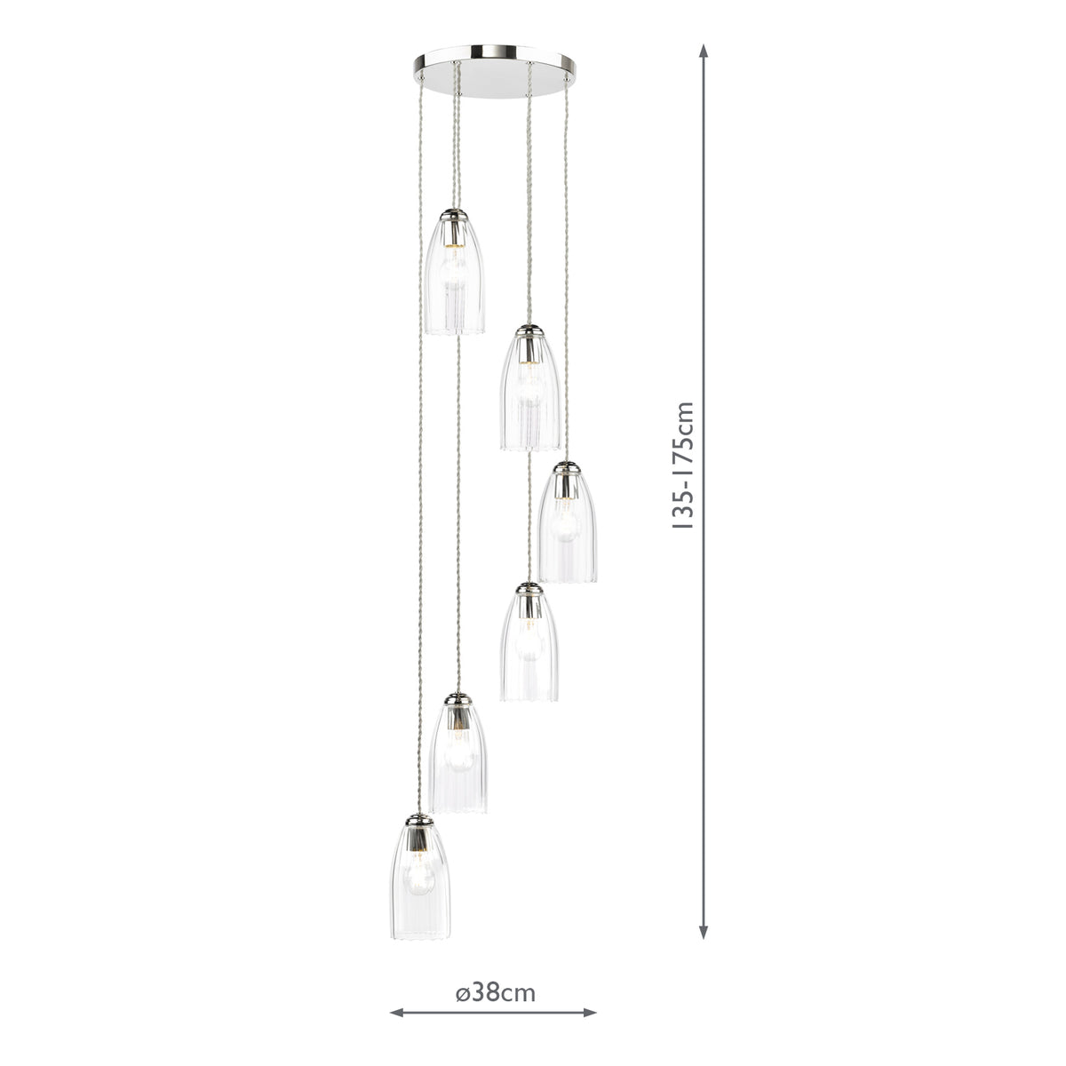 Dar Valora 6 Light Cluster Pendant Polished Nickel and Ribbed Glass