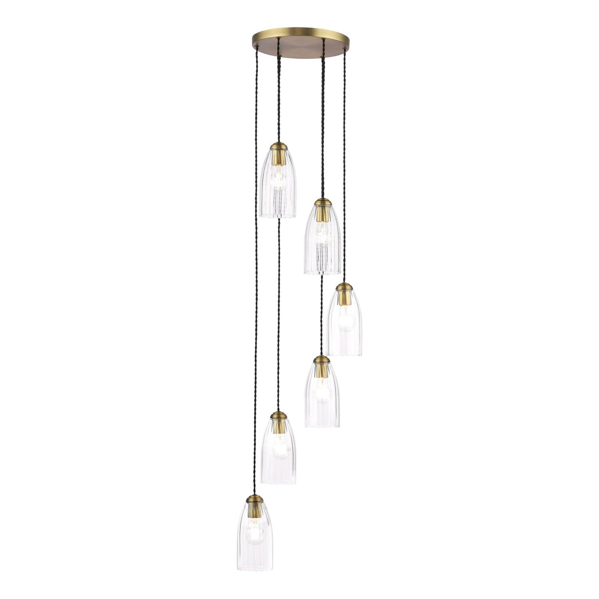 Dar Valora 6 Light Cluster Pendant Antique Bronze and Ribbed Glass
