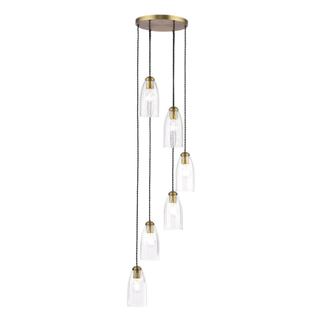 Dar Valora 6 Light Cluster Pendant Antique Bronze and Ribbed Glass