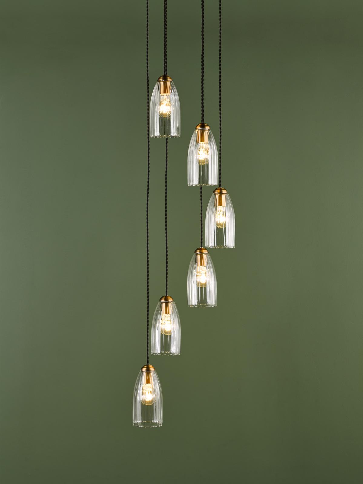 Dar Valora 6 Light Cluster Pendant Antique Bronze and Ribbed Glass