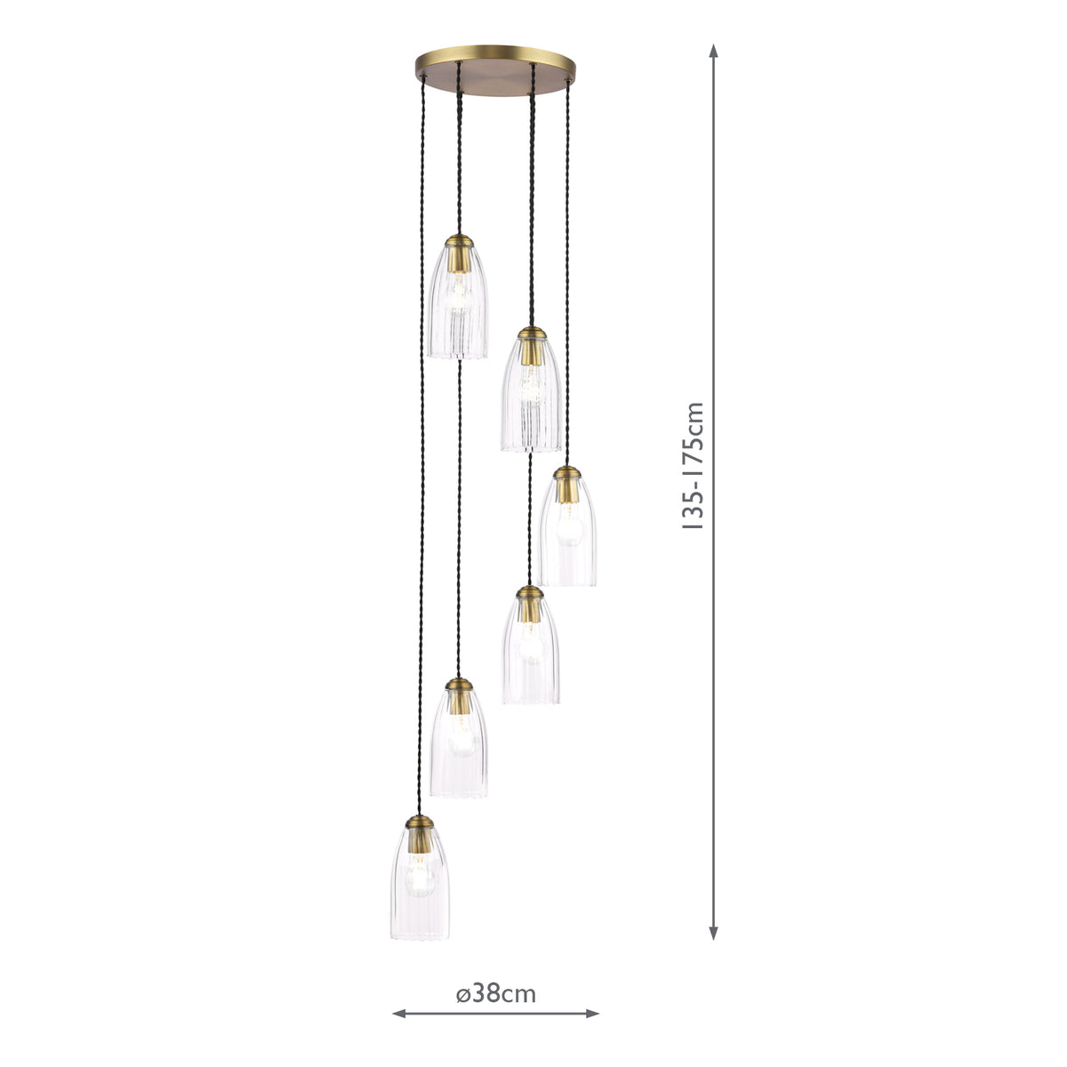 Dar Valora 6 Light Cluster Pendant Antique Bronze and Ribbed Glass