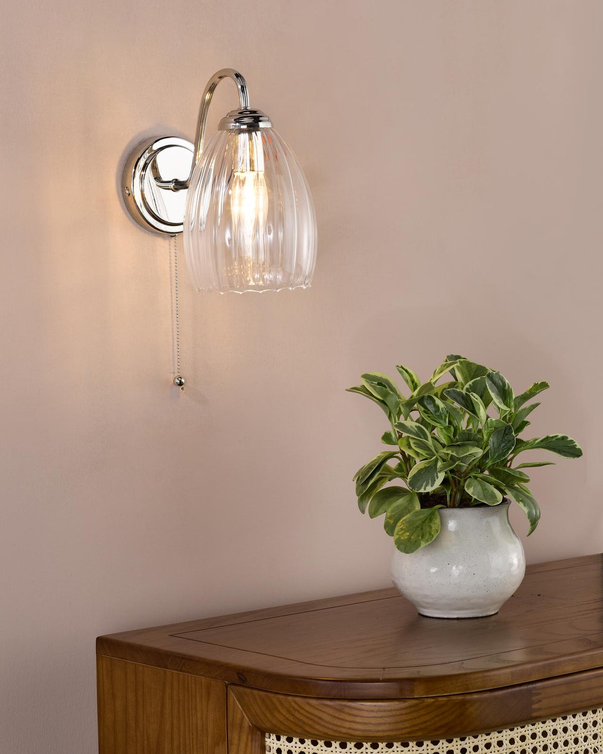 Dar Valora Wall Light Polished Nickel and Ribbed Glass